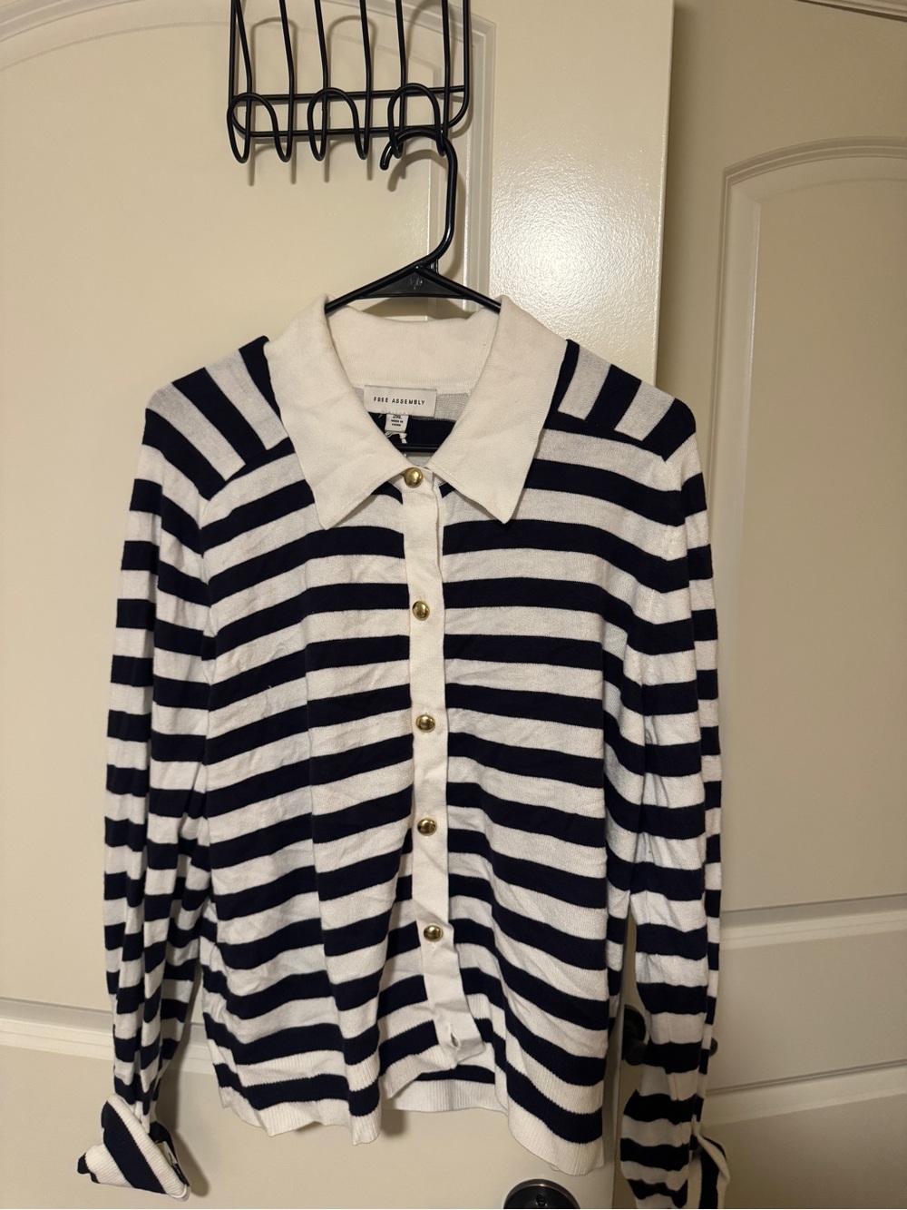 Sleeper Striped Collared Button-Front Cardigan - Navy & White